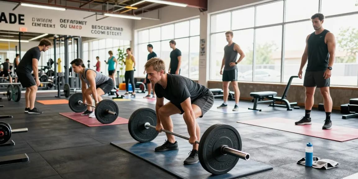 Anabolika Shop: Athlet hebt Gewichte im Fitnessstudio, umgeben von motivierender Atmosphäre.