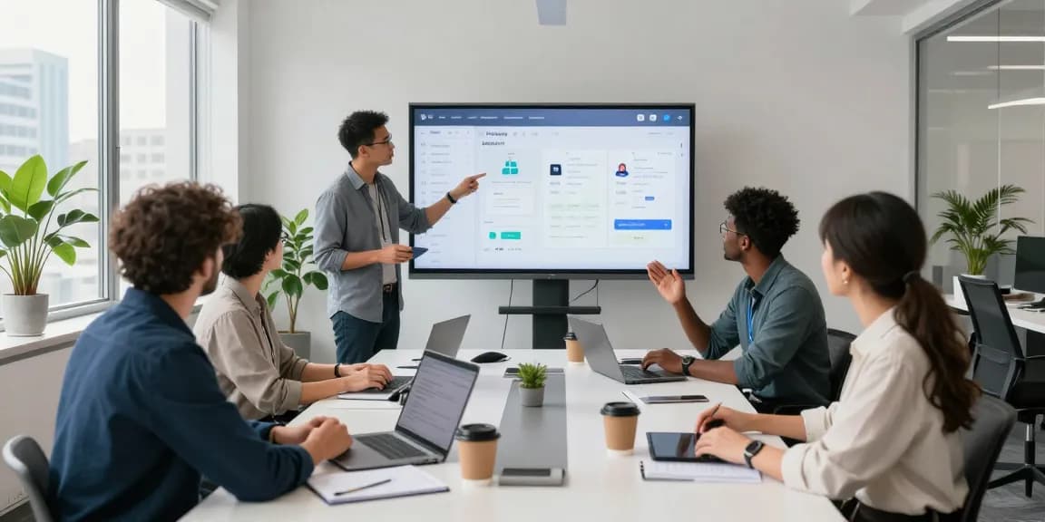 Collaborative workspace where professionals build internal tools with AI, featuring diverse team engaging in discussion and technology.