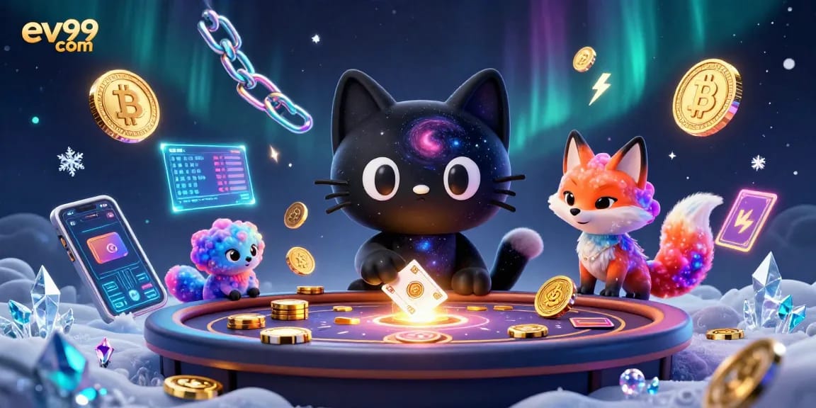Engage with ev99 com's cosmic casino experience featuring a whimsical black hole cat and nebula fox.