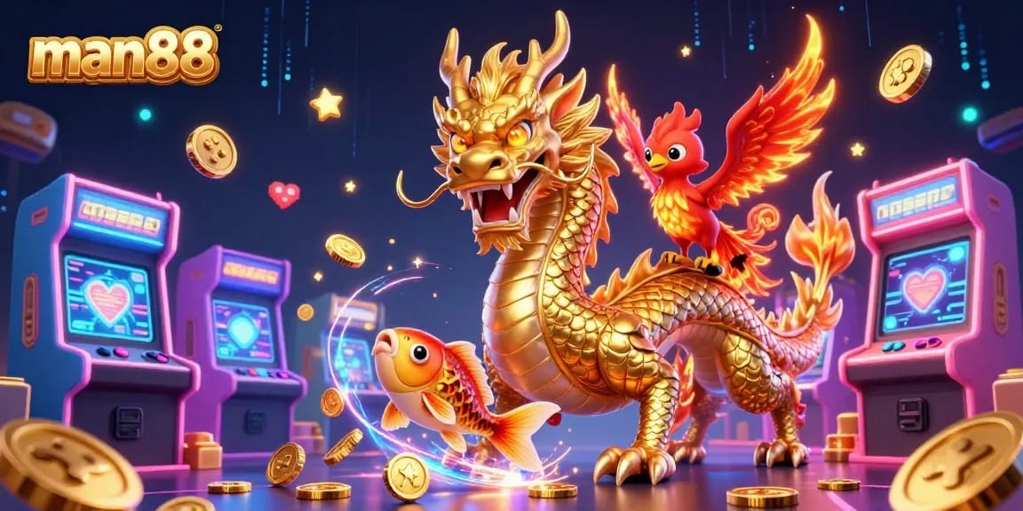 Experience man88's thrilling game scenes with a golden dragon and rich casino elements.