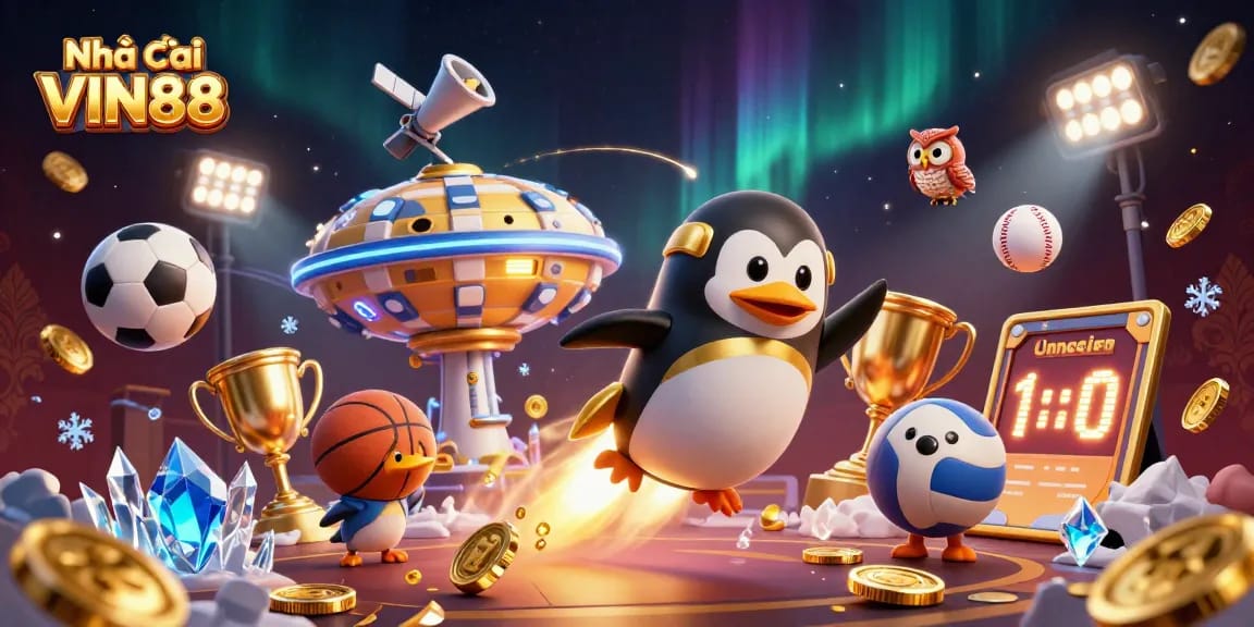 Experience action at Nhà cái VIN88's casino space with a golden penguin and sports elements.