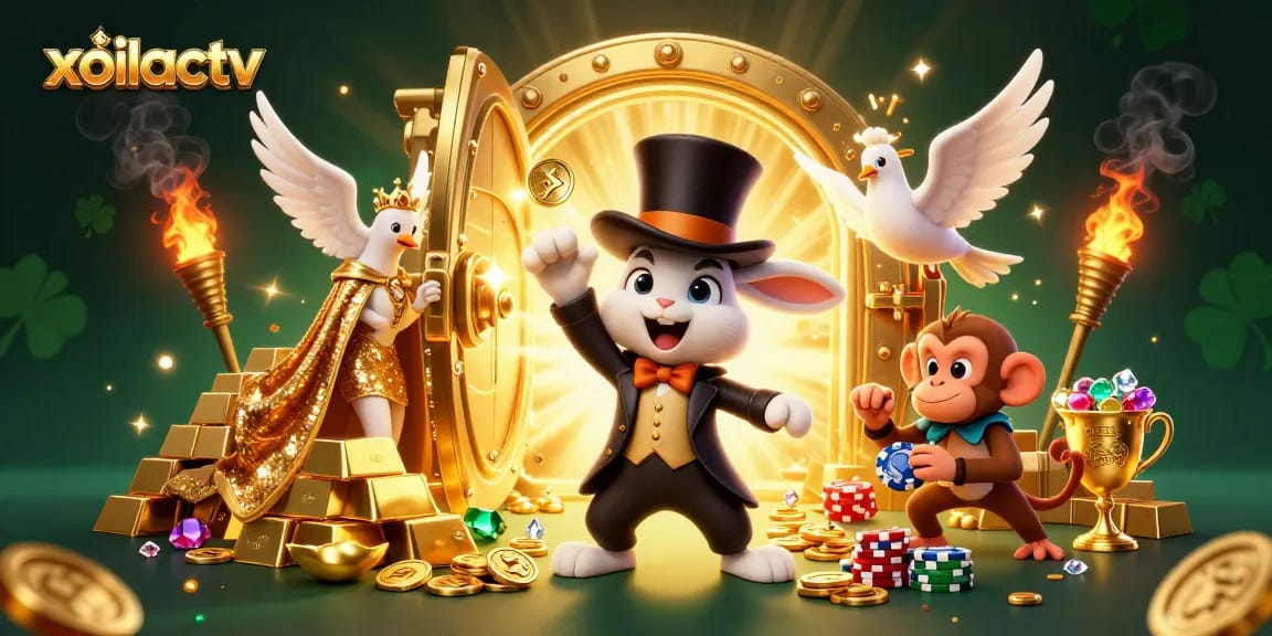 Experience the magic of xoilactv with a dynamic scene featuring a magician rabbit, sparkling coins, and interactive casino elements.