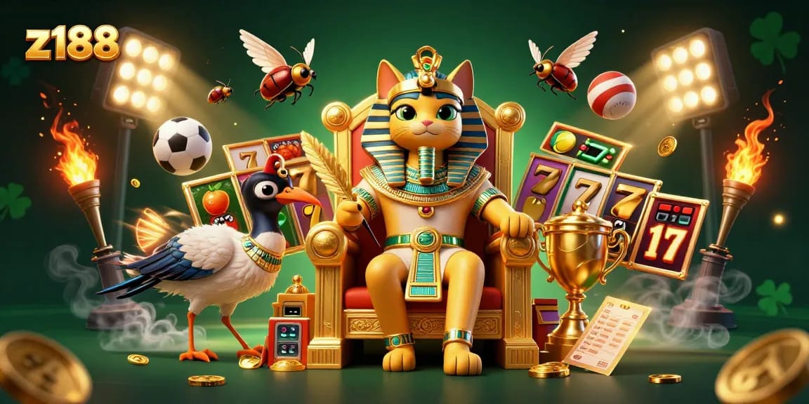 Z188's magical pharaoh cat character surrounded by dynamic jackpot reels and sports elements for thrilling gaming
