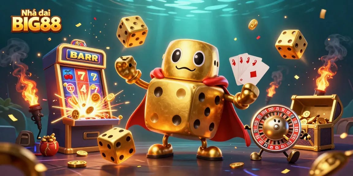 Experience excitement at Nhà cái BIG88 with golden dice, vibrant casino elements, and jackpot thrills.