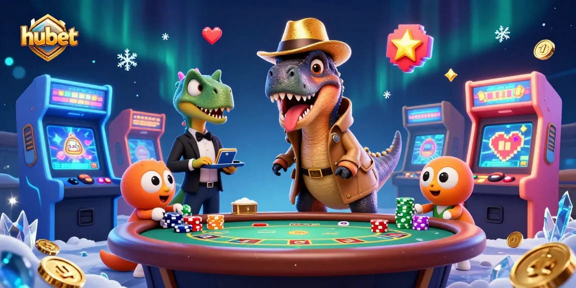Hubet showcases a cunning velociraptor card counter at a blackjack table amidst a lively casino scene.