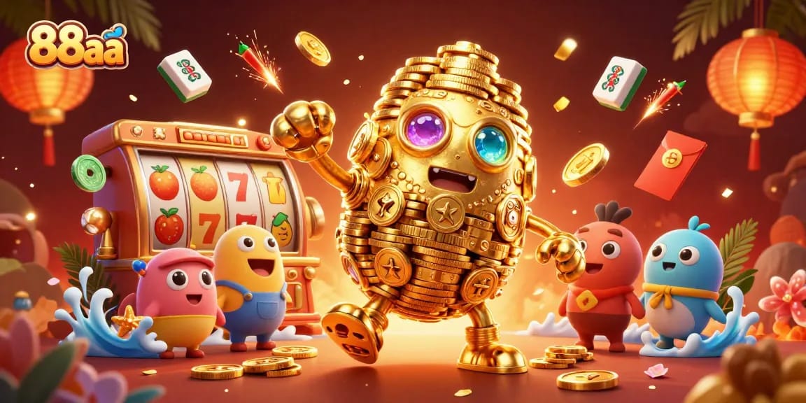 Engage with 88aa's vibrant 3D casino theme featuring a golden golem and dynamic slot game elements.