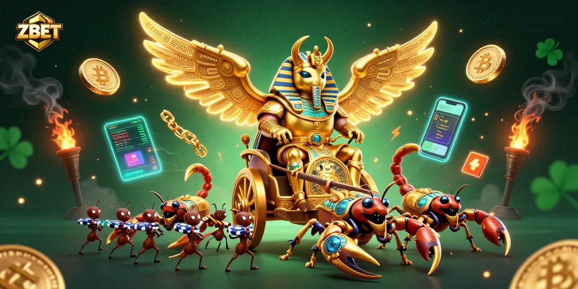 Experience ZBET with a thrilling 3D chariot scene featuring vibrant casino elements and mythical characters.