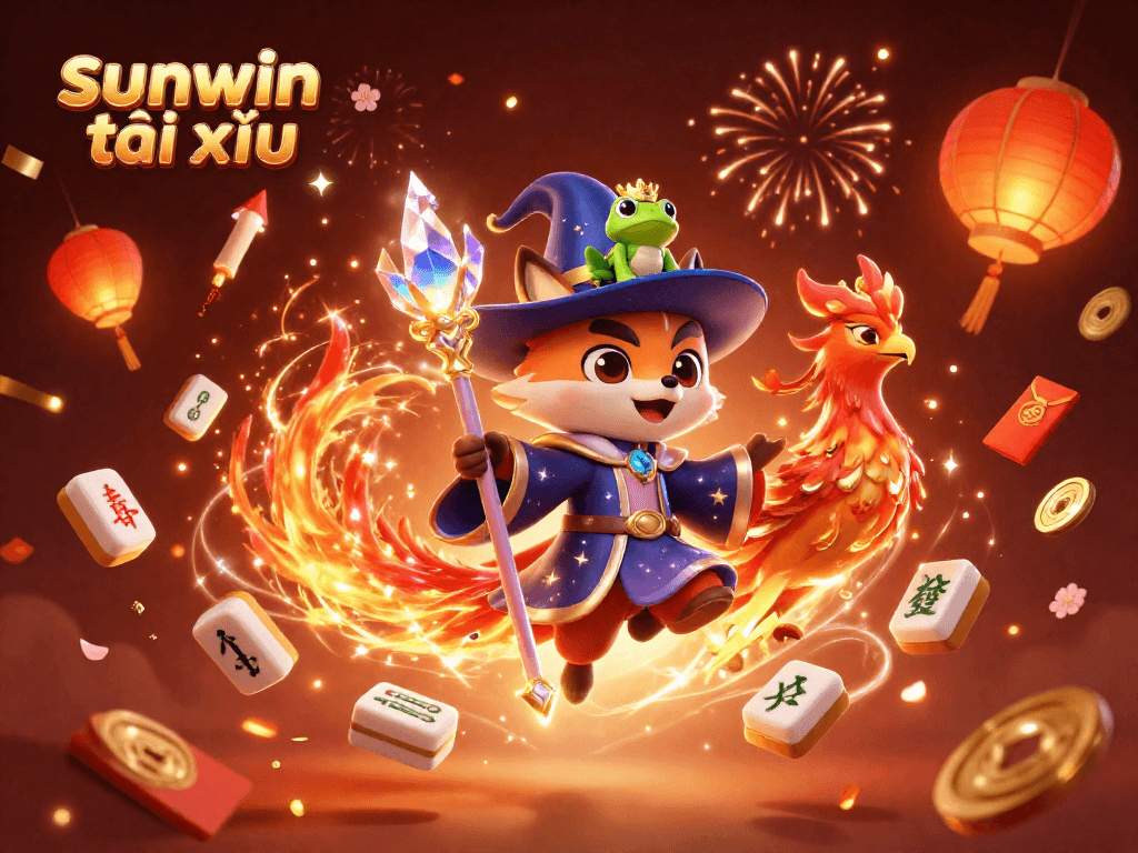 Engage in sunwin tài xỉu with rich visuals of a wizard fox, phoenix, and gambling elements.