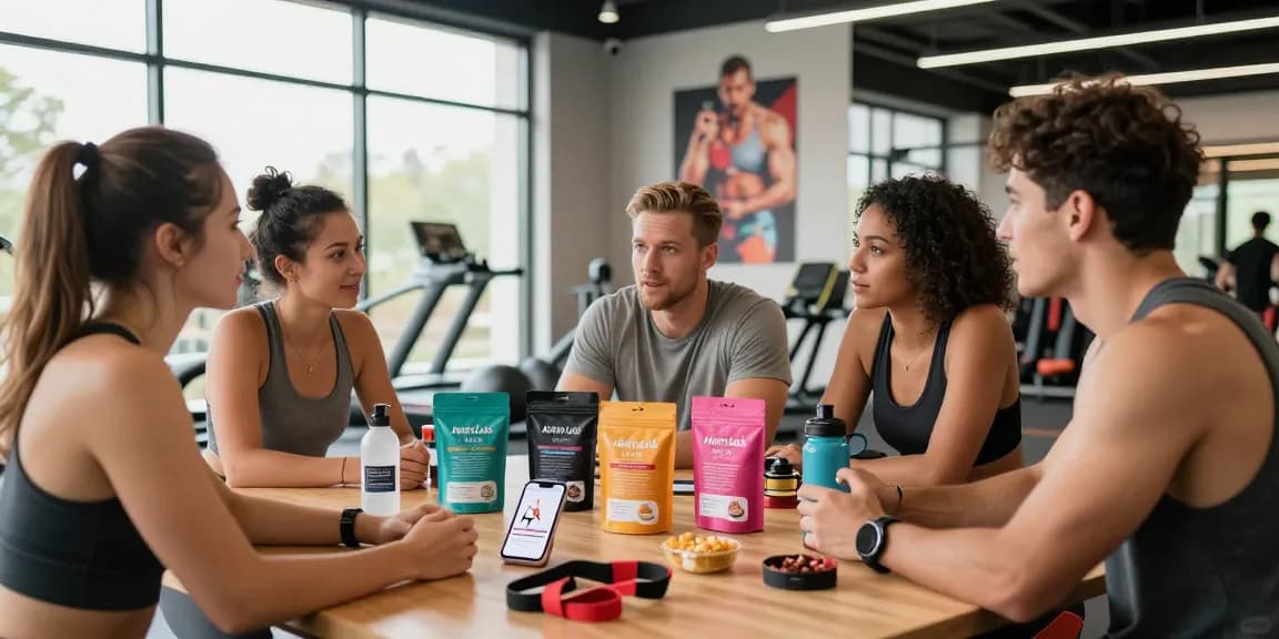 Im Astera Shop diskutieren Fitnessenthusiasten intensiv über Produkte zur Leistungssteigerung.