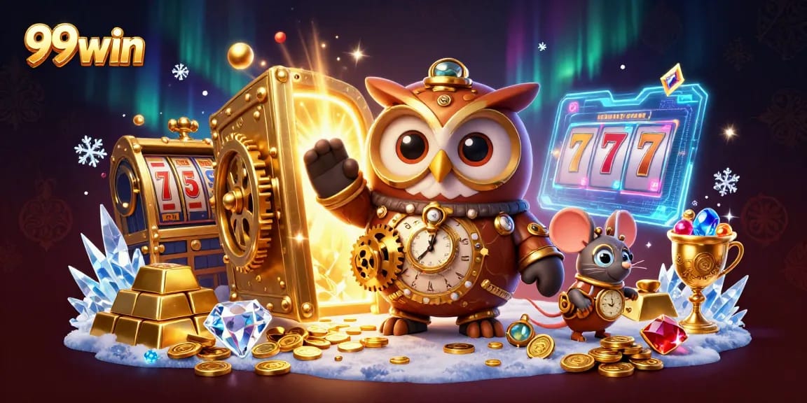 Experience thrilling gaming at 99win with vibrant 3D casino elements, showcasing jackpots and treasures.