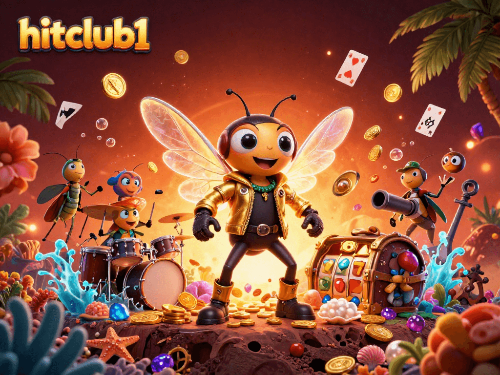 hitclub1 features a vibrant casino scene with a rock star cicada and dynamic gaming elements.