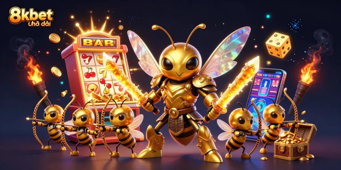 Engage with exciting gaming adventures at 8xbet nhà cái, featuring a vibrant 3D illustration of a golden hornet samurai.