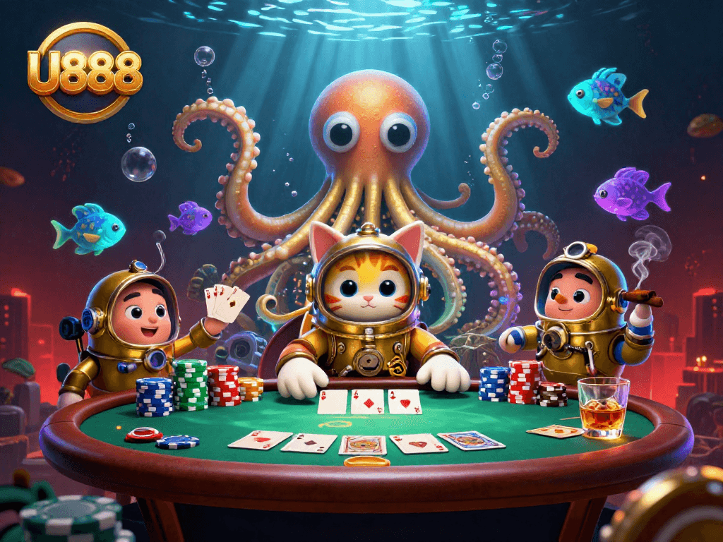 U888 showcases an exciting poker scene featuring a kraken, diving cat, and vibrant casino elements.