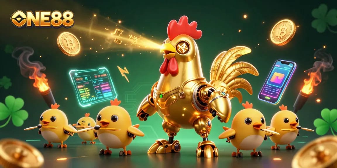Engage with the ONE88 golden rooster robot and chick drones in a thrilling crypto gambling adventure!
