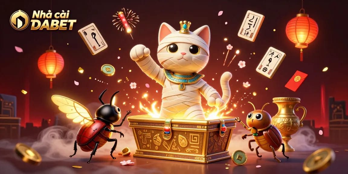 Engage with Nhà cái DABET in a vibrant 3D illustration depicting lively casino elements.