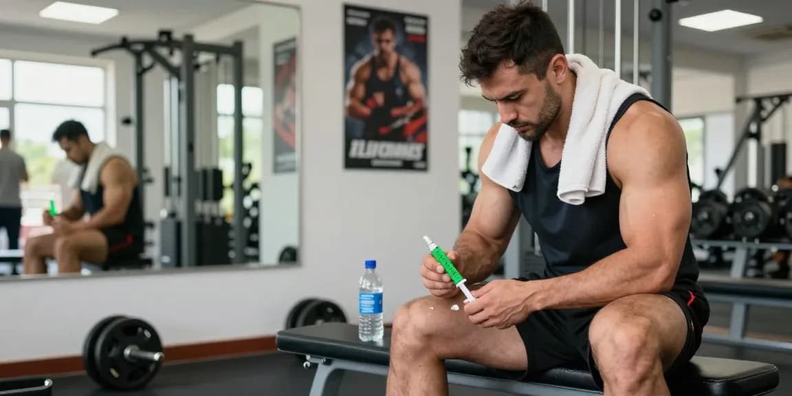 Anabolika Shop: Bodybuilder preparing for steroid injection in a bright gym.