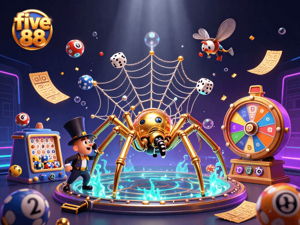 Experience the thrill of five 88 with a steampunk spider and vibrant lottery elements.