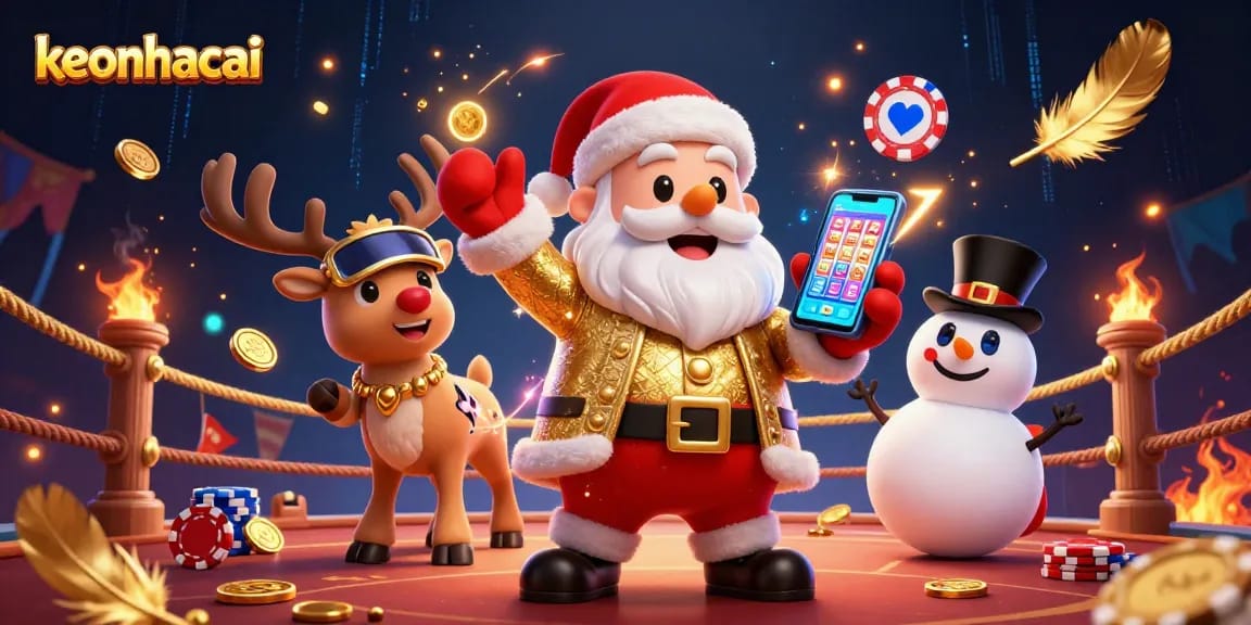 Experience keonhacai excitement with Santa, a reindeer, and a snowman in a dynamic casino scene