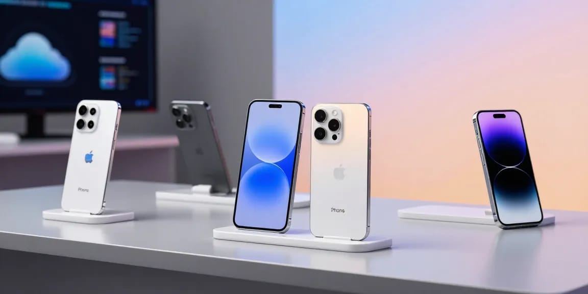 Handy mit Vertrag - Showcase of modern smartphones and AI technology on a sleek desk.