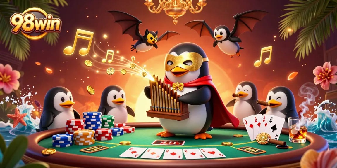 Experience the excitement of 98win with a penguin playing for golden coins at a vibrant casino scene.