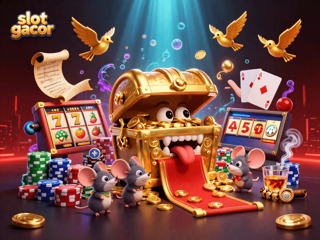 Experience slot gacor action with colorful game elements and treasure characters in this vibrant illustration.