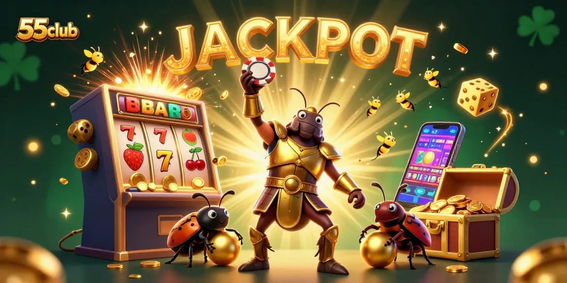 Experience the excitement with 55club through a colorful jackpot celebration in a casino-themed 3D scene.
