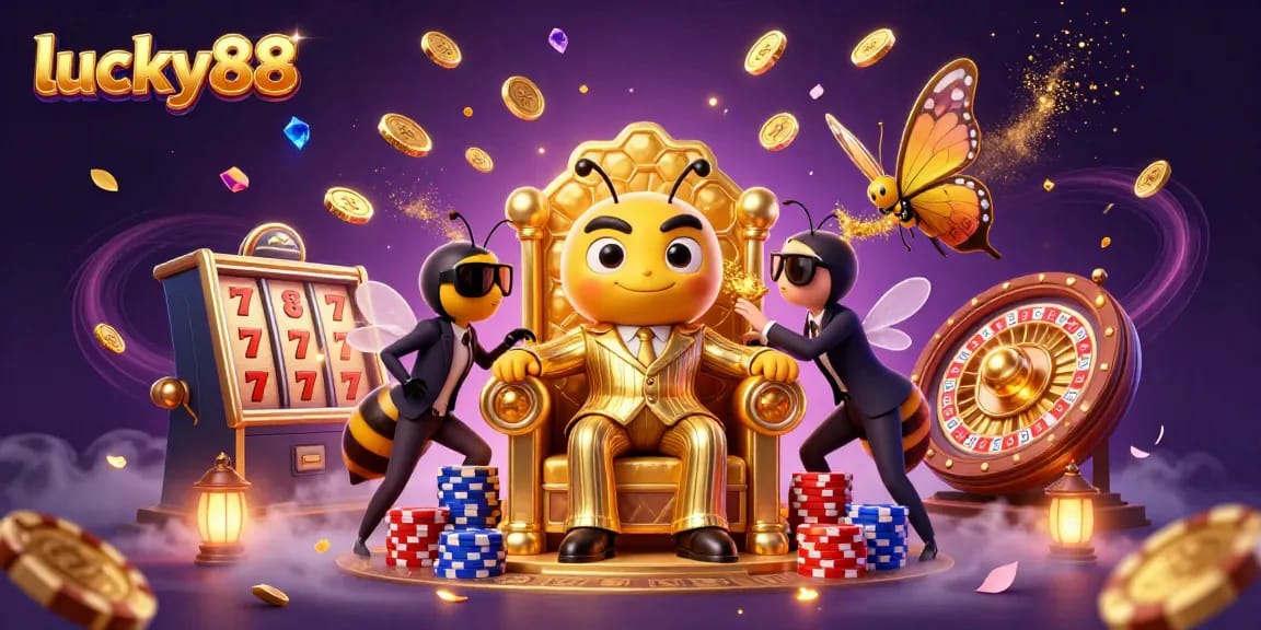 Experience the excitement of lucky88 with a vibrant 3D scene showcasing casino elements and characters.