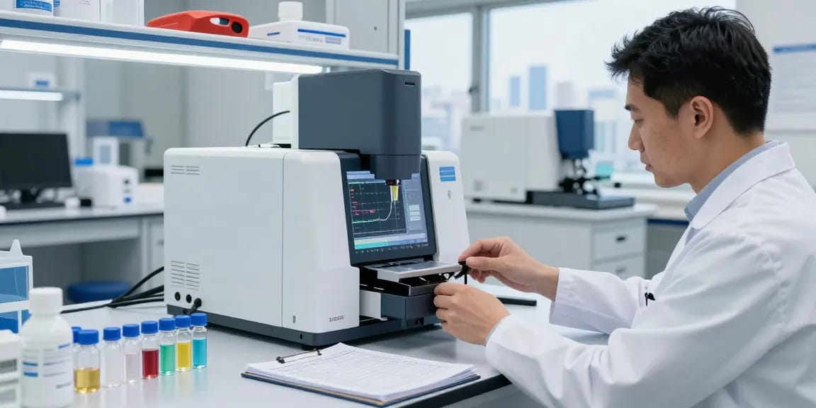 Aegean Labs Peptide testing in a modern laboratory with HPLC and mass spectrometry equipment.