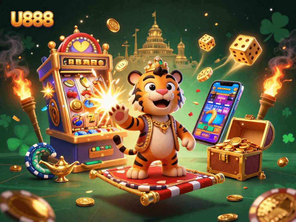 Win big with U888 at this vibrant 3D casino scene filled with jackpots and excitement!