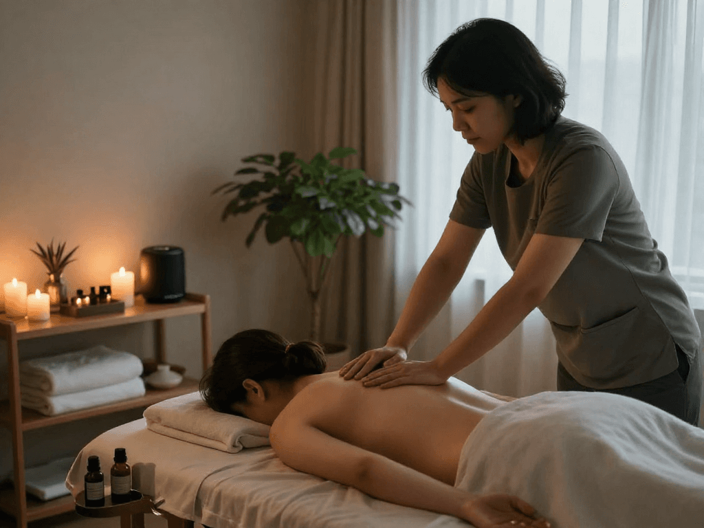 Relaxing 오산출장안마 in a serene wellness treatment room with calming atmosphere.