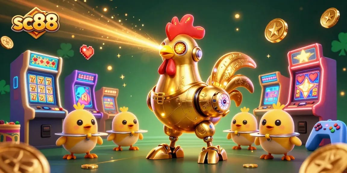 Engage with sc88's thrilling slot games featuring a dazzling golden rooster robot.