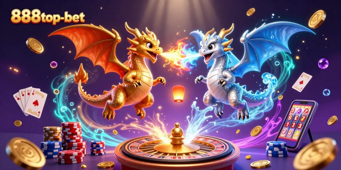 Experience the excitement of winning at 888top-bet with dynamic 3D dragons, casino elements, and vibrant visuals.
