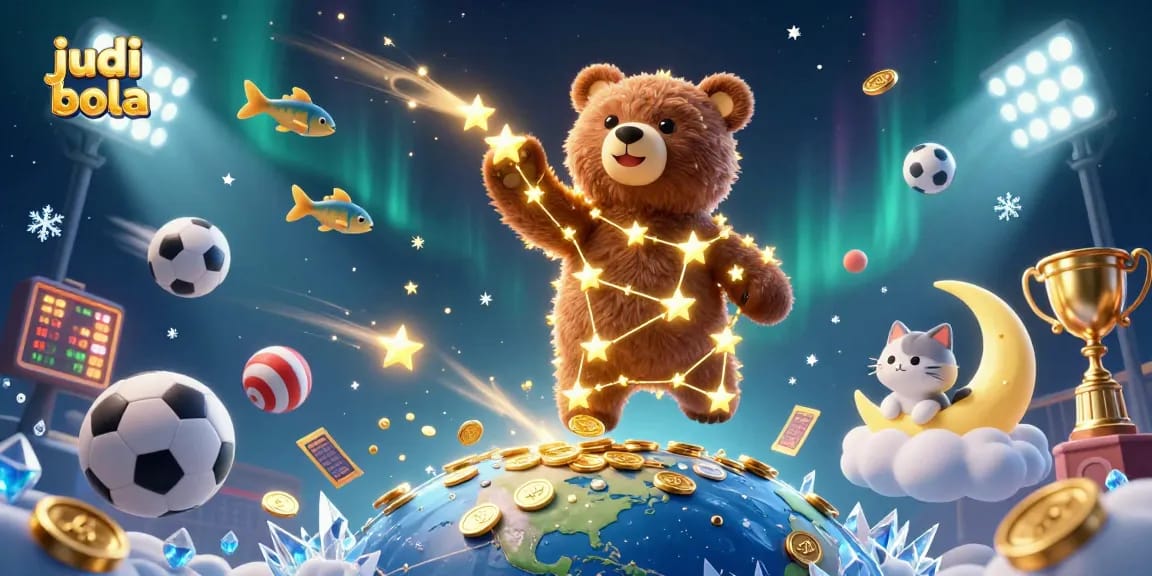 Engage in judi bola as the constellation bear reaches for golden coins amidst vibrant sports elements.
