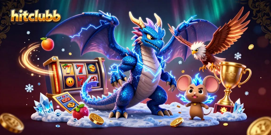 hitclubb showcases an energizing gaming scene featuring a dragon, hawk, and mouse in a vibrant slot environment.