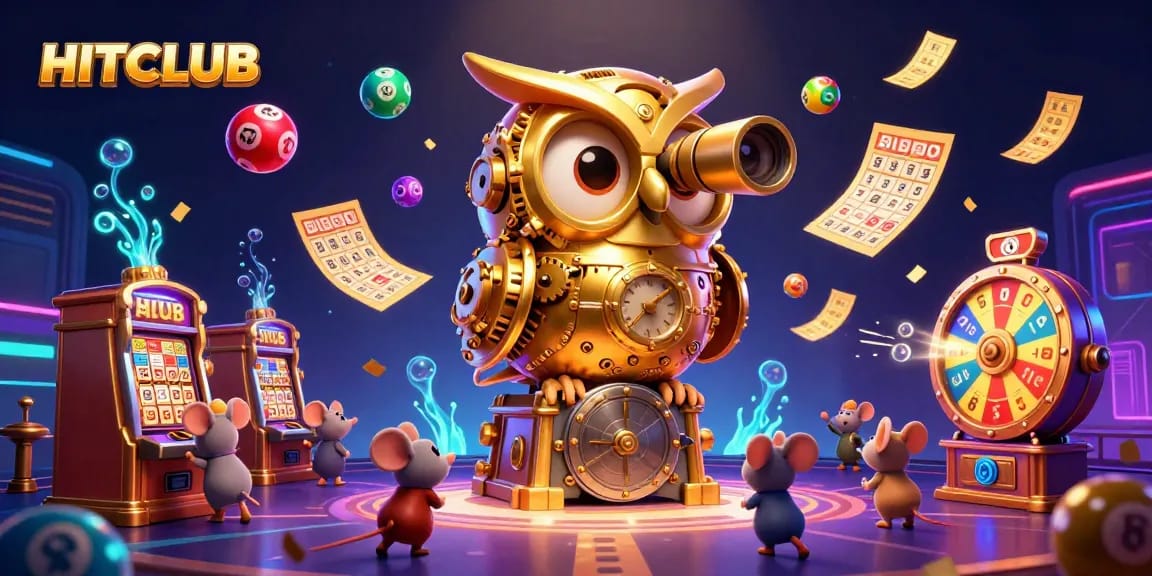 Join the excitement at HITCLUB with a dynamic 3D casino illustration showcasing a golden owl and lively gaming elements.