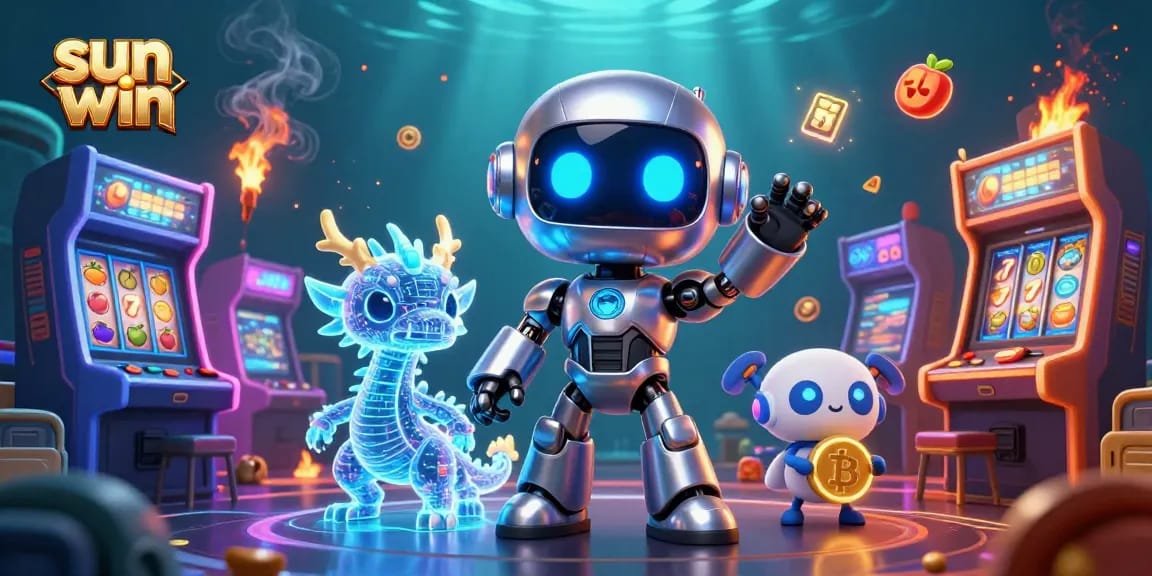 Experience the thrill of sun win with a colorful 3D casino scene featuring vibrant characters and slot elements.
