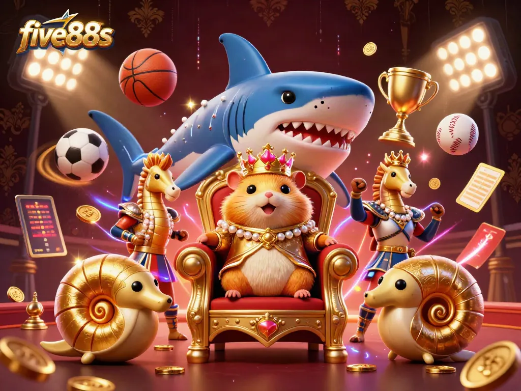 Engage in exciting gameplay with five88s, featuring a dynamic scene of a golden hamster king and vibrant sports elements.