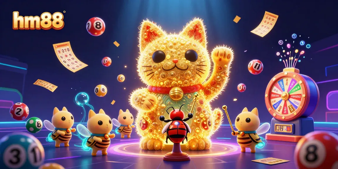 Join the excitement at hm88 with a vibrant illustration of a lucky cat surrounded by colorful casino elements!