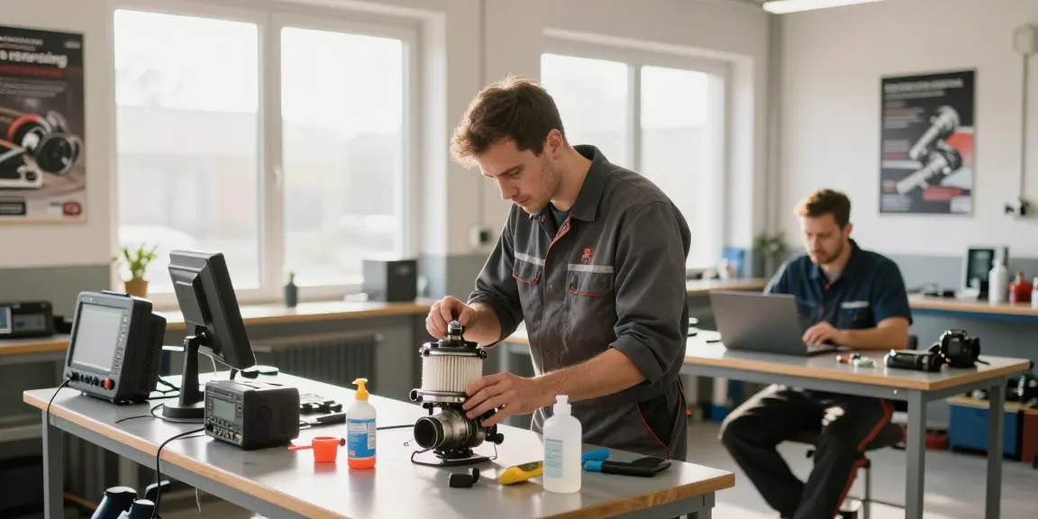 DPF Reinigung Hannover Dienstleistungen in einer Kfz-Werkstatt mit Technikern, die Filter inspizieren