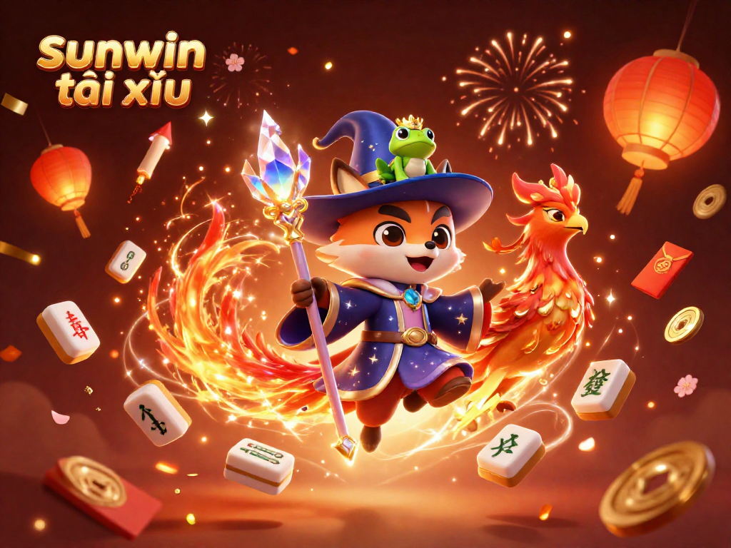 Engage in sunwin tài xỉu with rich visuals of a wizard fox, phoenix, and gambling elements.