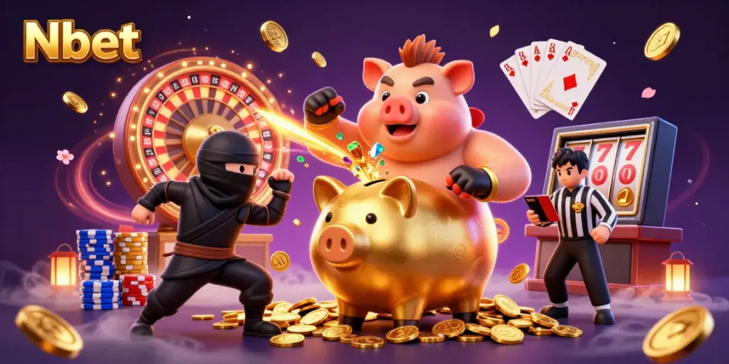 Nbet brings excitement with a golden piggy bank sumo wrestler and fantasy elements in this dynamic casino illustration.