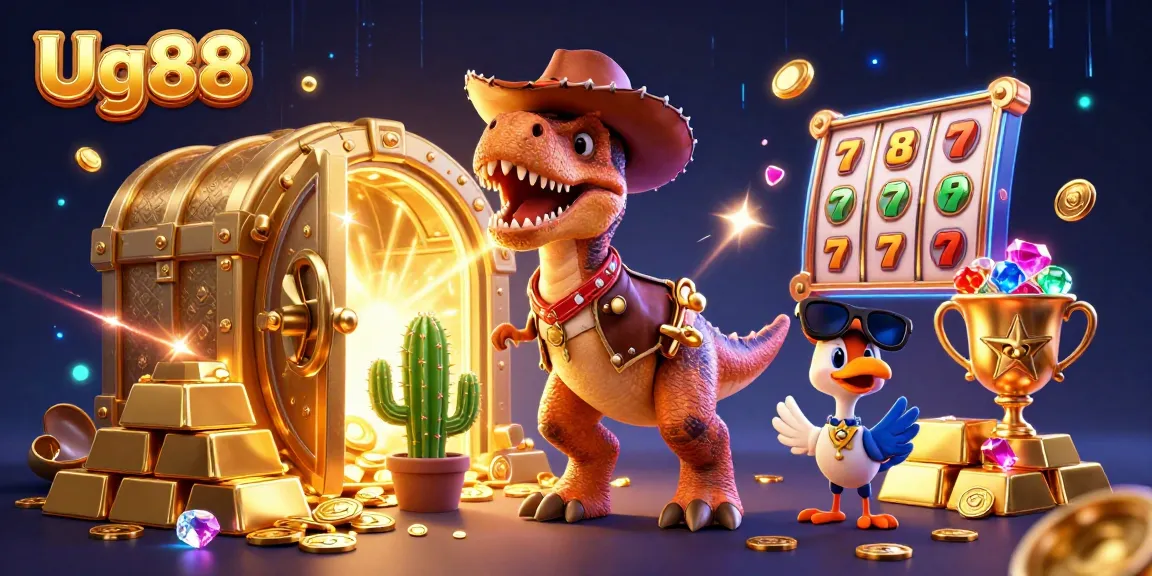 Engage with Ug88's thrilling casino scene featuring a T-Rex and friends amidst vibrant slot symbols.