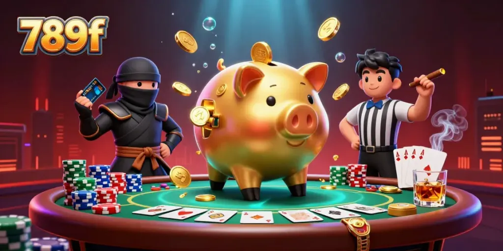 Experience thrilling gameplay with the 789f cartoon scene featuring a golden piggy bank and poker table.
