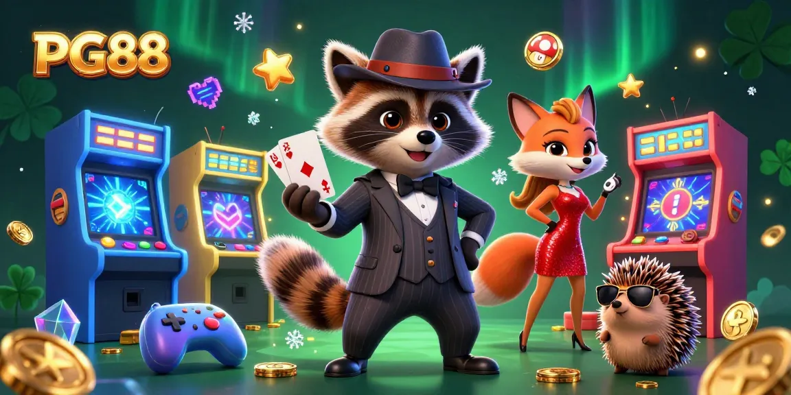 Engage in thrilling gambling at PG88 with a lively scene showcasing charming characters and colorful games