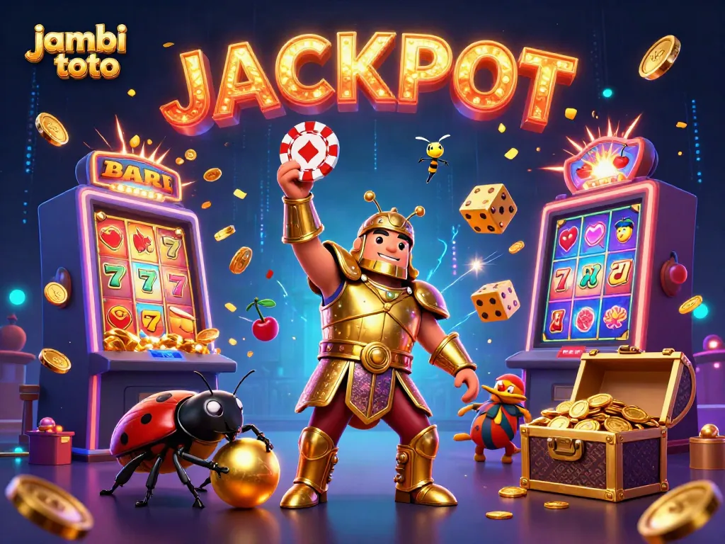 Experience thrilling victories with jambi toto as a hercules beetle celebrates a jackpot surrounded by colorful casino elements.