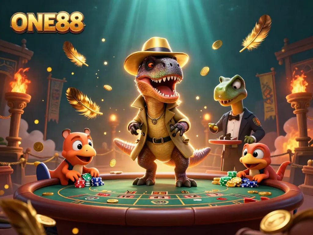ONE88 features a velociraptor card counter and stegosaurus pit boss in a dynamic casino scene.