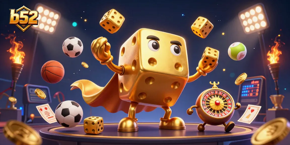 Experience thrilling bets with b52 in this vibrant 3D illustration full of dynamic casino elements.