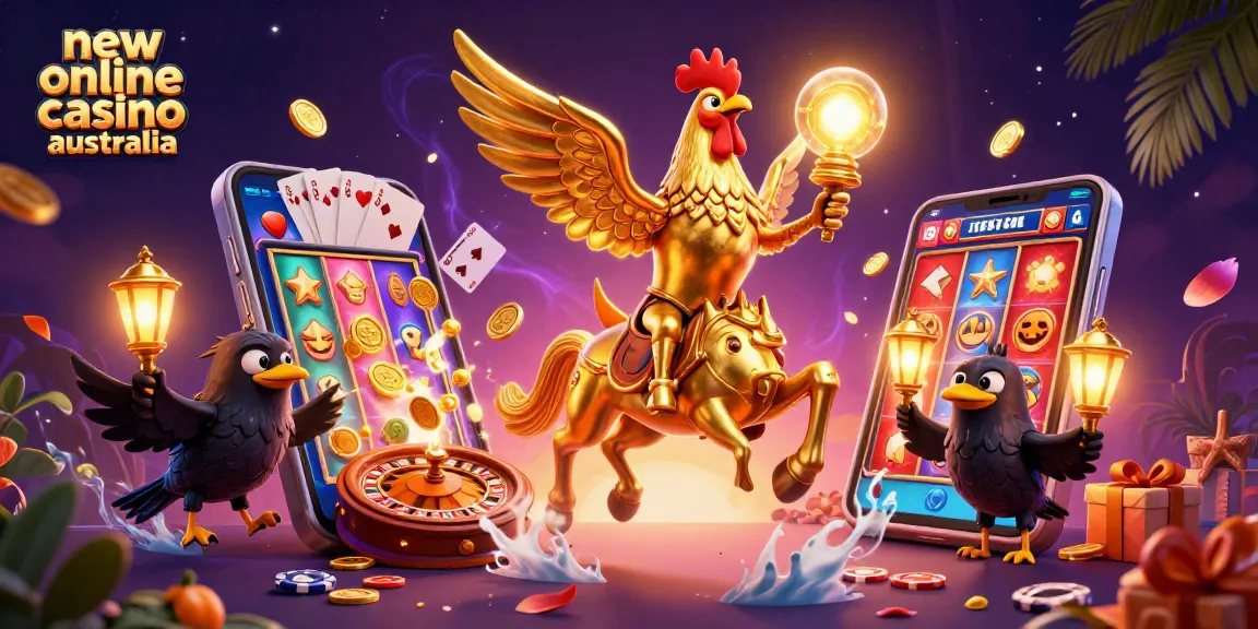Engaging illustration of new online casino australia with a dynamic golden rooster and casino elements.