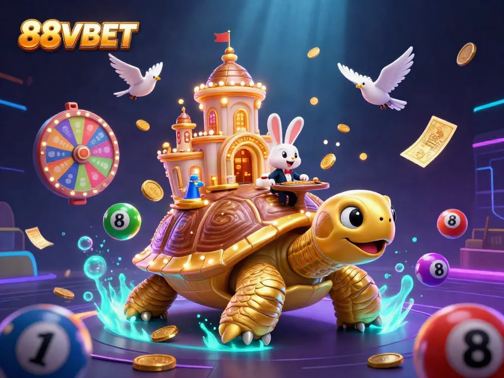 Experience the thrill of 88VBET with a vibrant 3D illustration of a casino scene featuring colorful lottery elements.