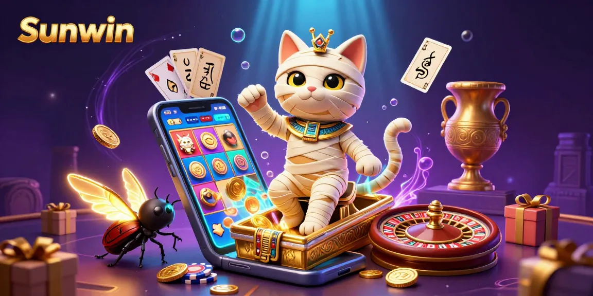 Experience the thrill of slots with Sunwin as the Egyptian mummy cat and scarab beetle burst into a vibrant casino scene.